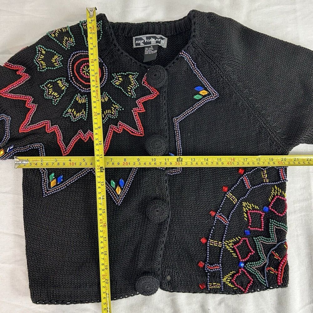 Vintage New York‎ News 1980s Boxy Beaded Black Cardigan Sweater Medium - Picture 5 of 11